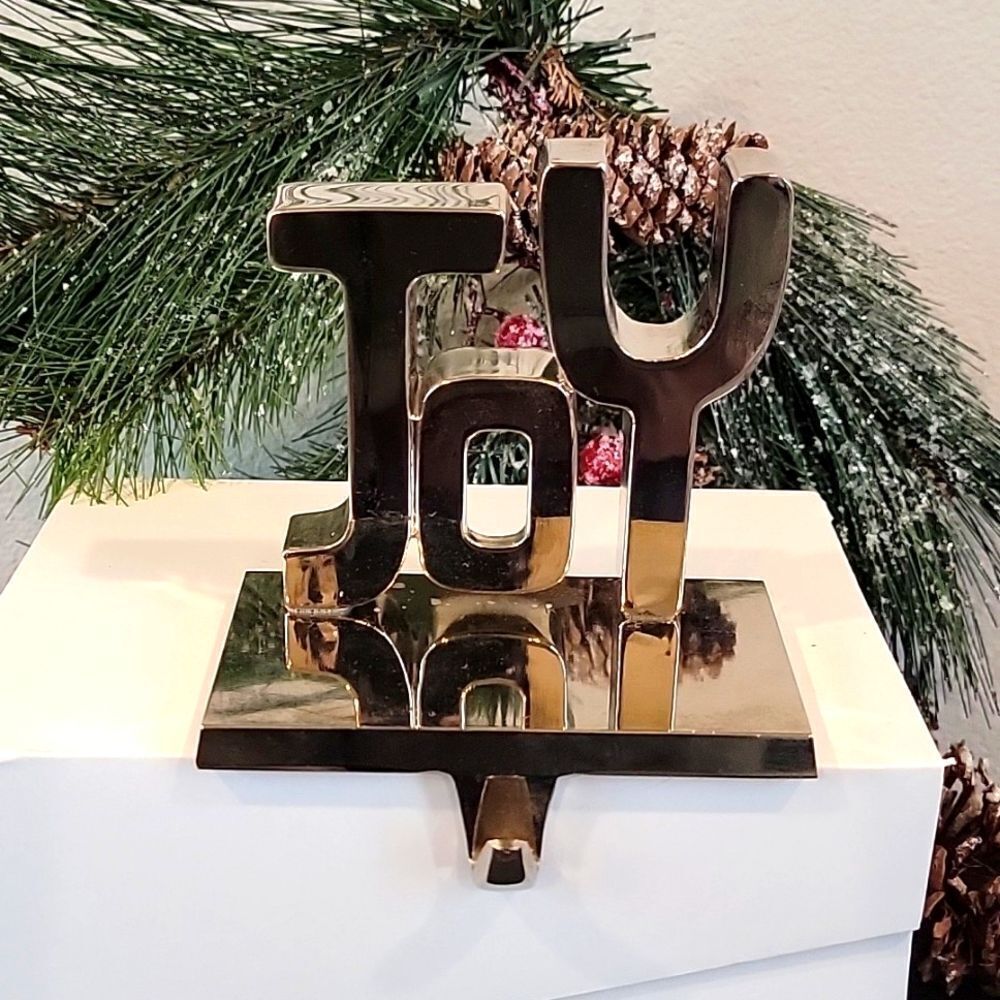 Silver metal " Joy " stocking holder Christmas decoration